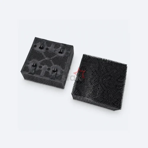 Stak 1011273000 / 86875001 black Nylon bristle block for Gerber cutters, front and base views with a square foot base.