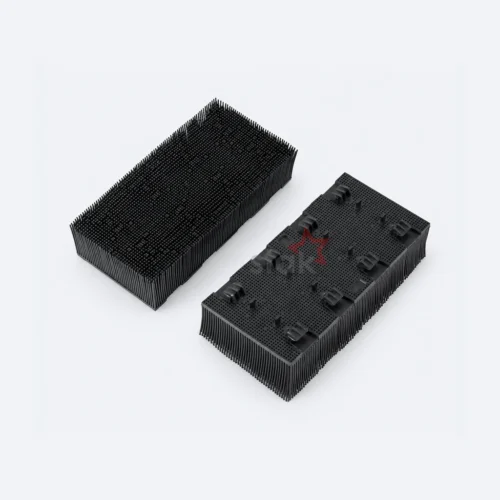 131181 / 704186 black Nylon bristle block for Lectra MH / Q50 / Q80 cutters, angled front and underside views.