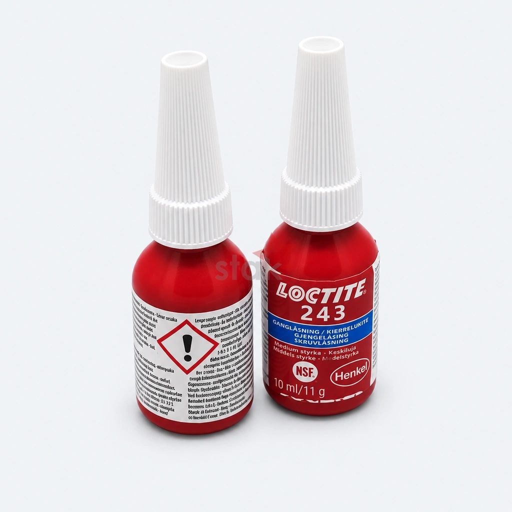 Loctite 243 10 ml for Lectra parts maintenance, reference 131368, front and rear Loctite 243 labels