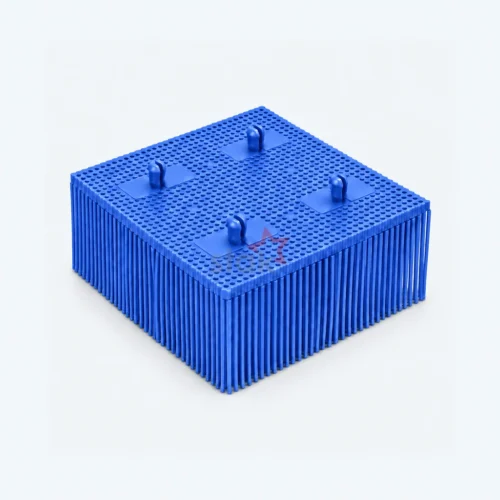 Stak 92910003 / 69833000 blue Poly bristle block for Gerber cutters, angled view with a round foot base.
