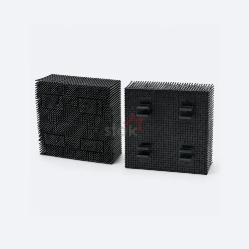 Black PP replacement bristle block for Eastman, 100 x 100 x 42 mm, paired bristle-side and underside views.