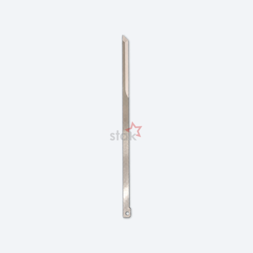 Full view of Stak HSS M2 cutting blade for Gerber GTXL, reference 85878001, legacy reference 85878000, showing the round fixing hole and stepped mounting end