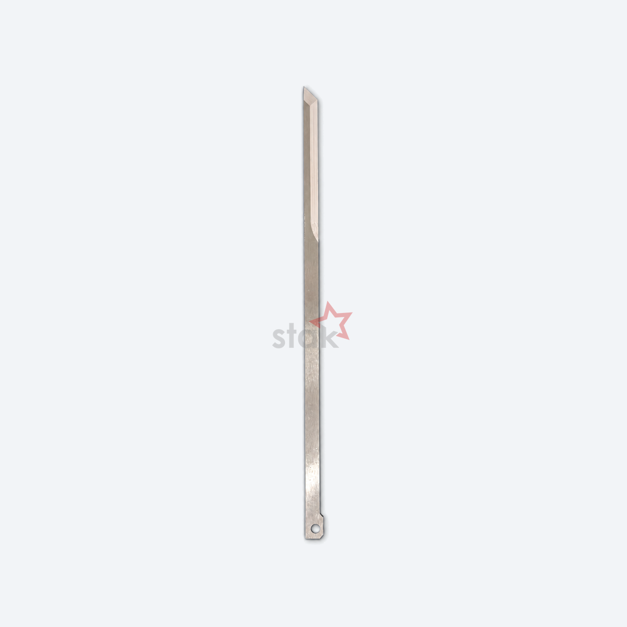 Full view of Stak HSS M2 cutting blade for Gerber GTXL, reference 85878001, legacy reference 85878000, showing the round fixing hole and stepped mounting end