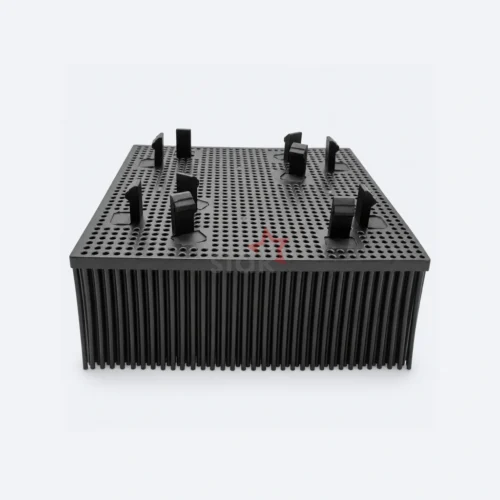 Black Nylon replacement bristle block for Investronica, 100 x 100 x 38 mm, angled underside view with mounting legs.