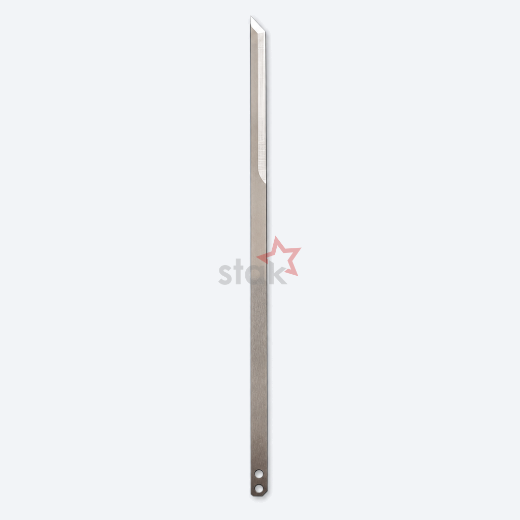 Full view of Stak HSS M2 cutting blade for Morgan, 283 × 8.5 × 2.4 mm, showing the cut-corner mounting end