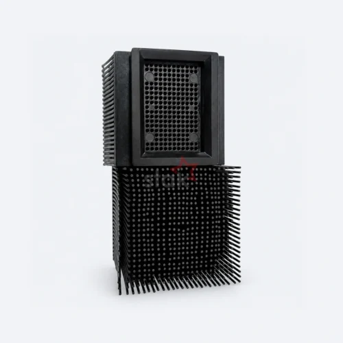 Black Nylon replacement bristle block for OSHIMA, 50 x 50 x 43 mm, vertically arranged bristle-side and underside views.
