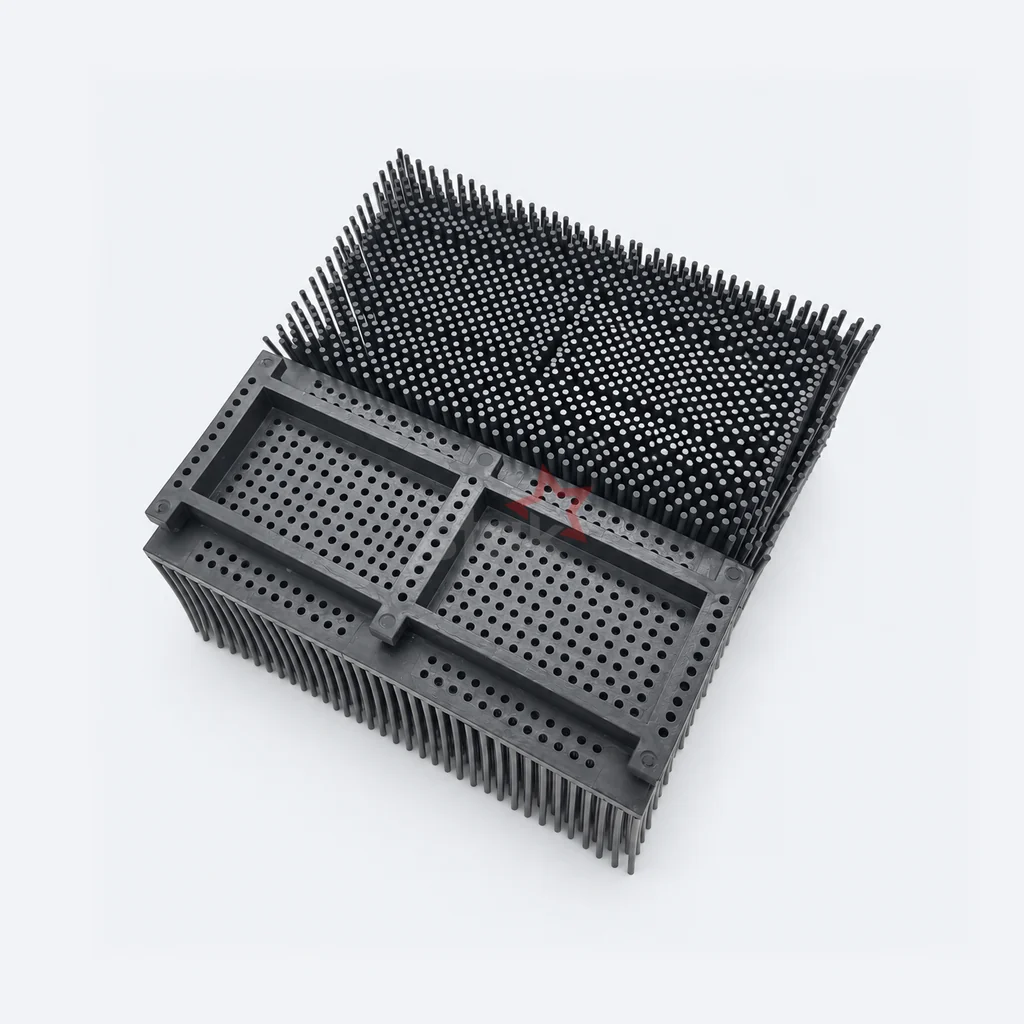 Black Nylon replacement bristle block for Takatori, 100 x 50 x 49 mm, Perforated-Rim Base, bristle-side and underside with perforated outer rim.