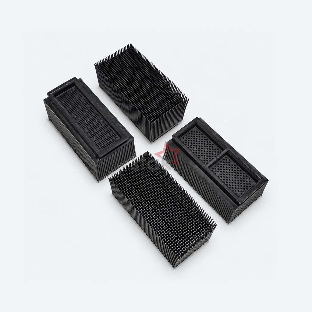Black Nylon replacement bristle block for TMING, 100 x 50 x 50 mm, bristle-side and underside views.
